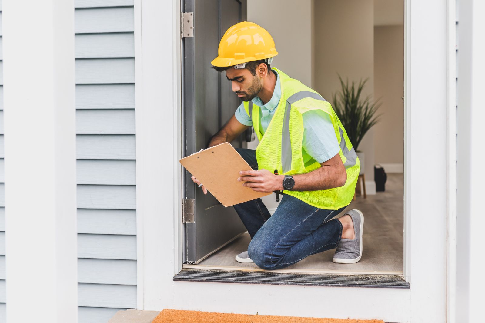 Inspector in a yellow hard hat and high-visibility vest kneeling in a home's doorway while writing on a clipboard